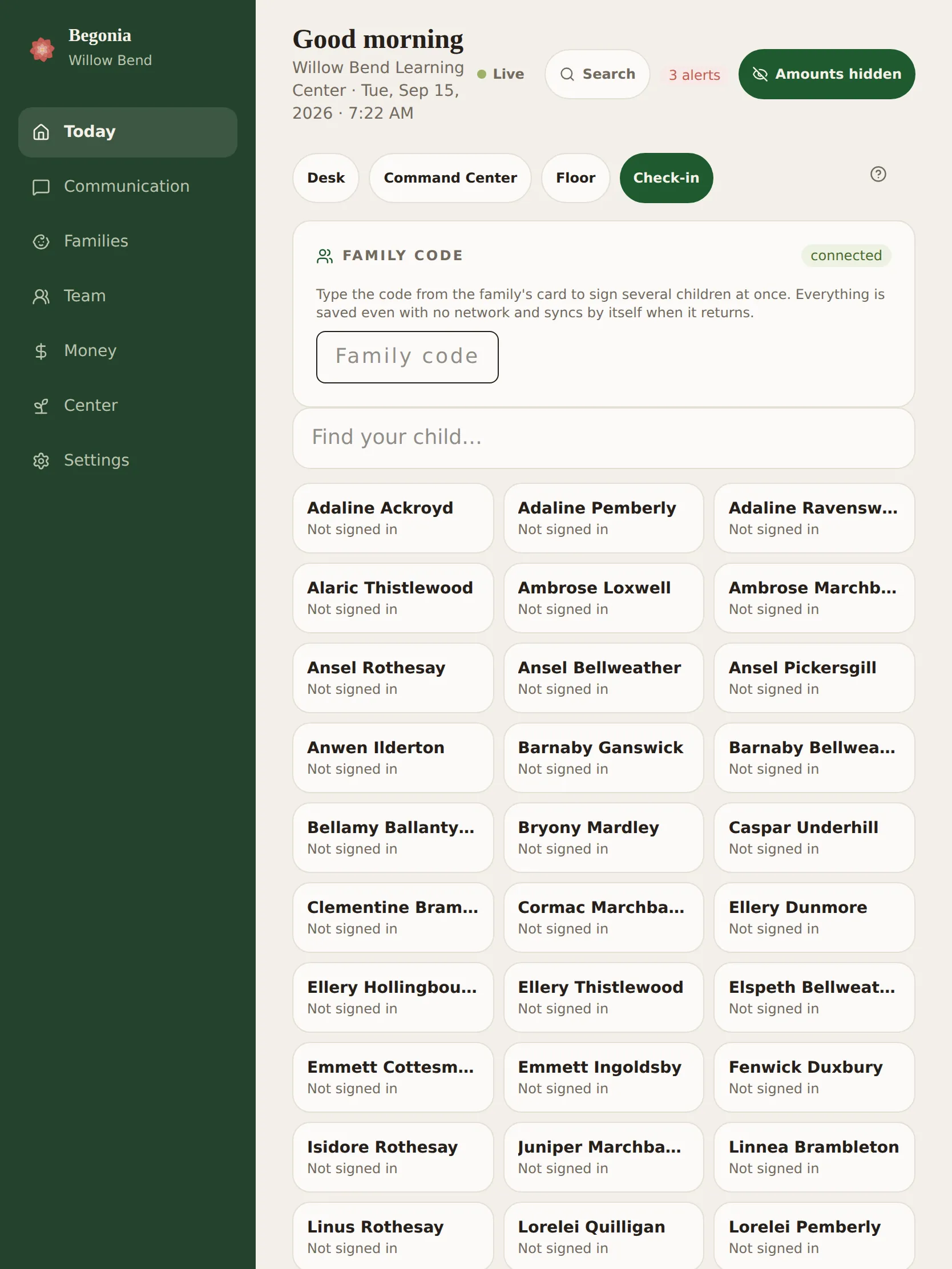 The check-in screen on a tablet: a family code box, a search box, and a card for every child, before the first family has arrived
